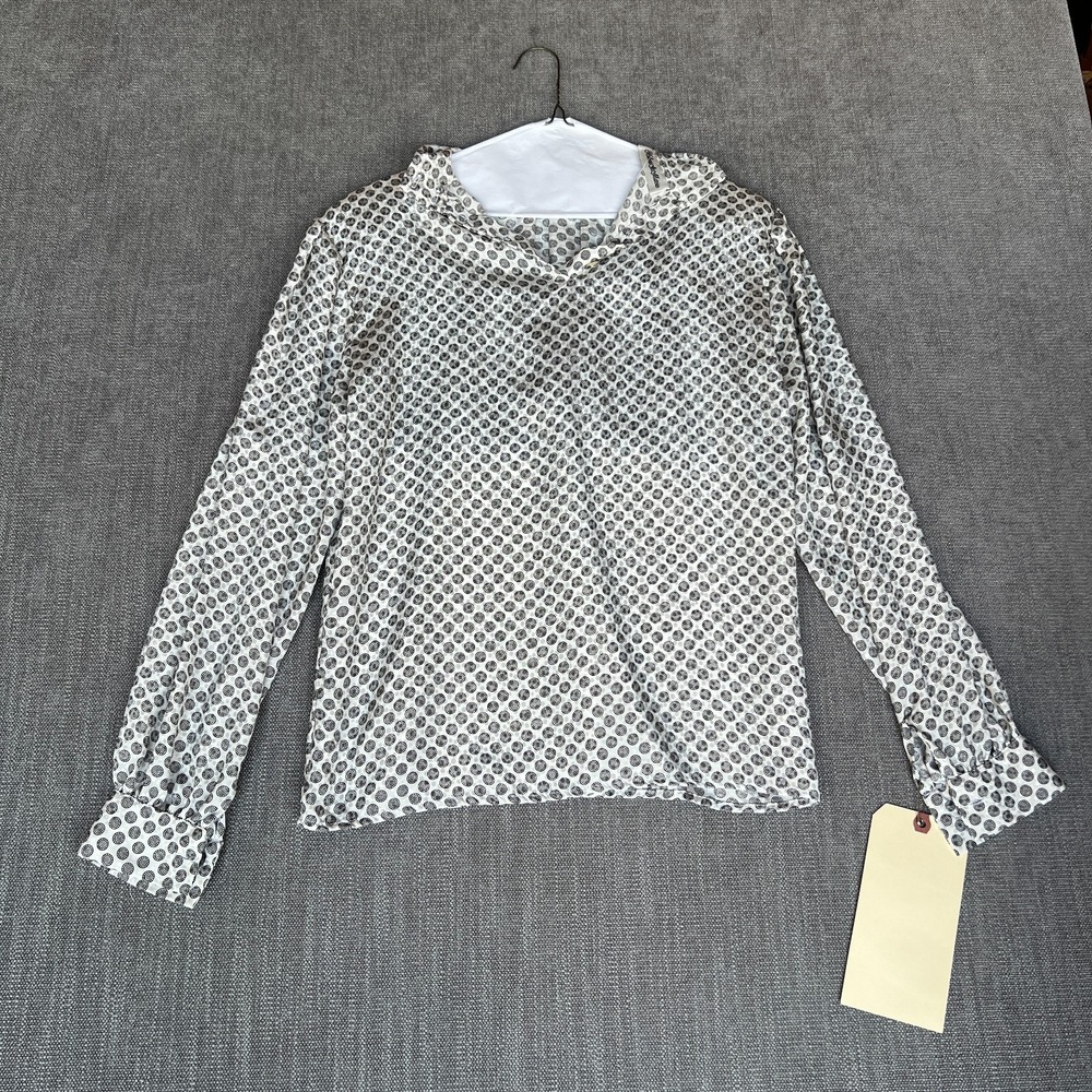 Vintage Helene St Marie Blouse Womens White Black Geometric Collared Long Sleeve